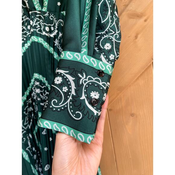 Sandro V Neck Long Sleeve Paisley Print Pleated Midi Dress Green Pattern Small - Picture 4 of 10